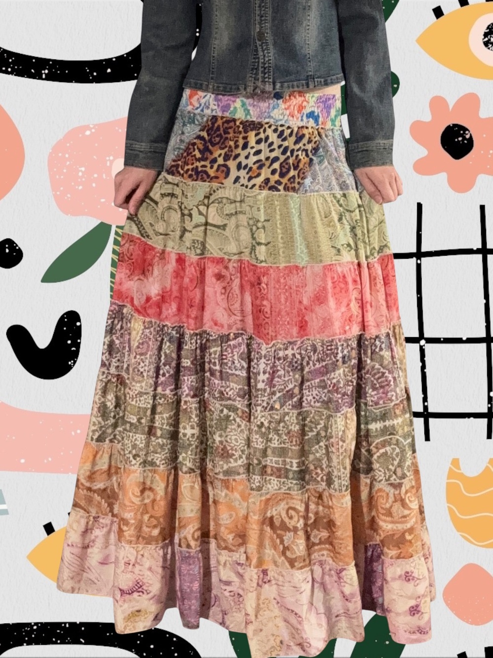 High Waisted Mixed Pattern Floral Animal Print Tiered Boho Maxi Skirt
